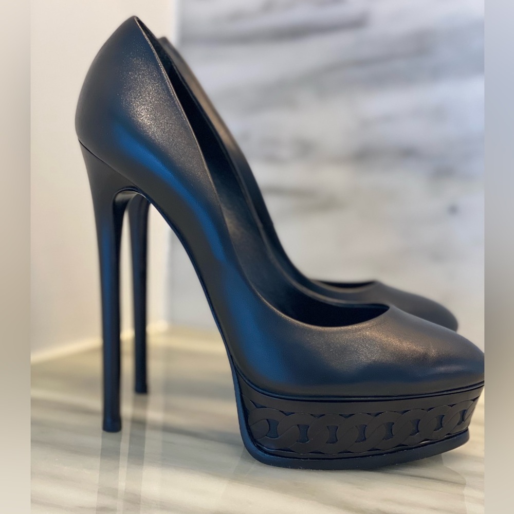 Black Leather Casadei Platform Pumps